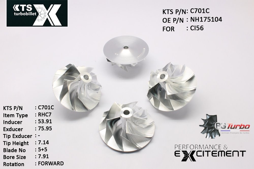 Turbo ROUE FORGÉE MFS PERFORMANCE - 5+5 PALES - INDUCER : 53,91 - EXDUCER : 75,95 - TYPE : RHC7ANGLE : 50° - ROTATION : Forward - SUPER BACK : 2,86 - BORE SIZE : 7,91
